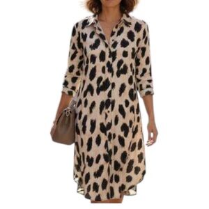 H&M Oversized Cream Tan Black Leopard Animal Print Cotton Shirtdress - Medium